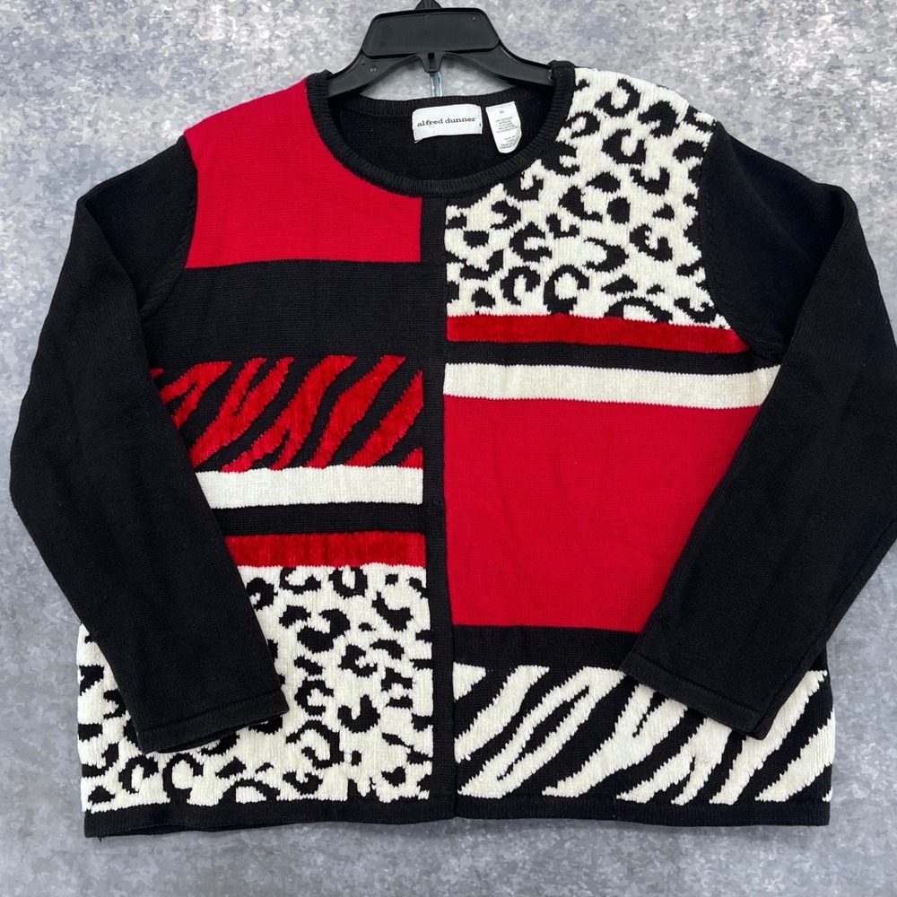 Alfred Dunner Sweater Women XL Red Black Animal Print Excellent Colorblock Knit